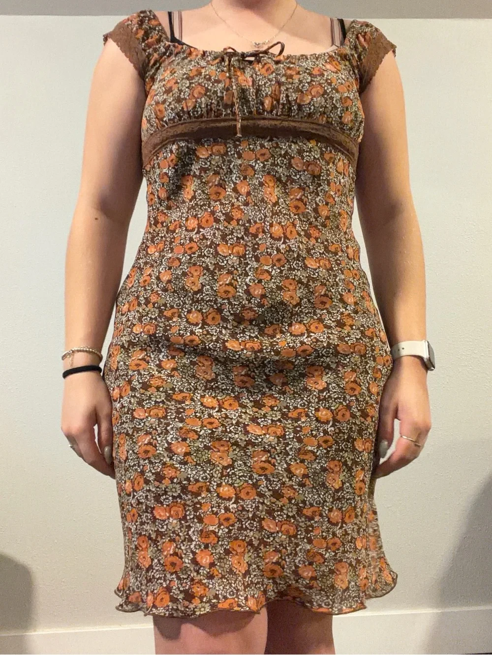 Y2K Brown Floral Cap-Sleeve Dress